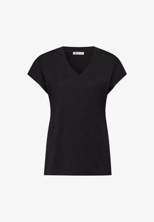 Černý top s krátkým rukávem a výstřihem do V, s přiléhavým pasem, vyrobený z měkké látky, značka Street One.