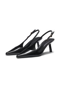 Black slingback heels with pointed toes, made of glossy material, featuring a slender mid-heel and adjustable buckle straps.