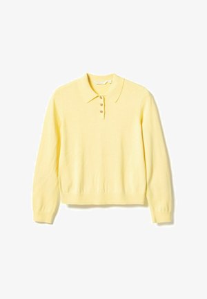 Dzeltena garām piedurknēm polo džemperis izgatavots no mīksta trikotāžas materiāla, ar apkakli un trim brūnām pogām priekšpusē.