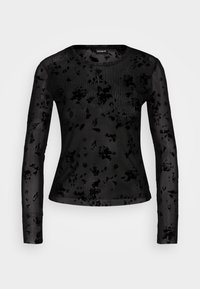 Svart långärmad topp med ribbat mönster och blommönster. Genomskinligt tyg, rund halsringning och figurnära design.