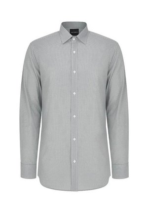 Koszula z długim rękawem zapinana na guziki w jasnoszarym kolorze z delikatnym wzorem. Ma klasyczny kołnierzyk i standardowe zapięcie na guziki. Gładka, tkana tekstura.