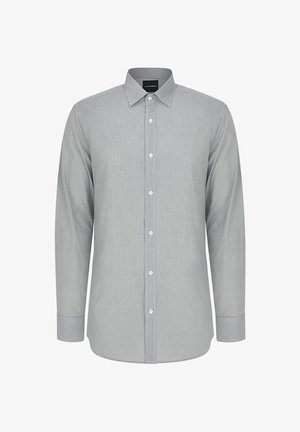 Koszula z długim rękawem zapinana na guziki w jasnoszarym kolorze z delikatnym wzorem. Ma klasyczny kołnierzyk i standardowe zapięcie na guziki. Gładka, tkana tekstura.