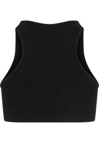 Svart cropped tank topp med en jevn tekstur, ermeles design, rund hals og brede armåpninger. Enkelt og minimalistisk stil.