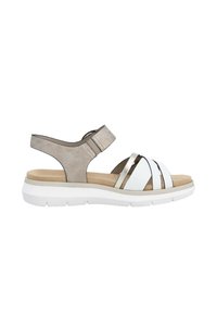 Lightweight sandal with a white synthetic upper, beige straps, and a cushioned tan footbed. Features a white rubber sole and metallic accents.