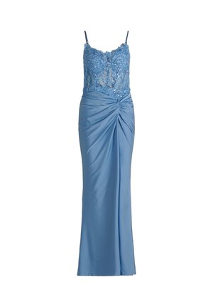 Blaues Satin-Abendkleid mit besticktem Spitzen-Körperteil in Blumenmuster, dünnen Trägern und gerafftem Detail an der Taille, das in einen langen Rock übergeht.