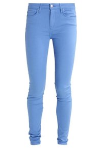 Jeans skinny azules hechos de una mezcla de algodón elástico. Presenta un diseño clásico de cinco bolsillos y un cierre frontal con botón.