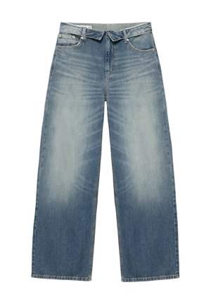 Blaue Jeans mit weitem Bein, vorderen Taschen und Gürtelschlaufen, mit einem ausgebleichten Wasch-Effekt an Oberschenkeln und Knien.