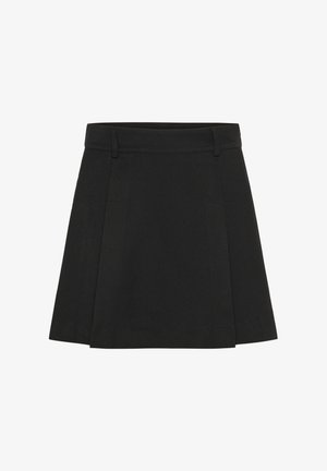 Jupe plissée noire avec une taille structurée. Fabriquée à partir d'un tissu texturé, elle présente des plis distincts et un ourlet droit.