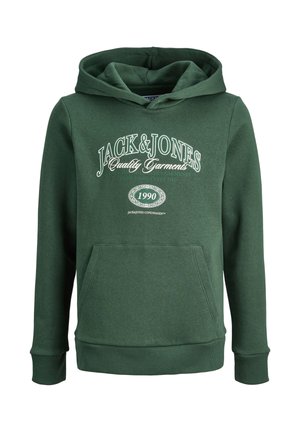 Grüne Kapuzenjacke aus weichem Baumwollmix, mit einer vorderen Tasche, gerippten Bündchen und Kapuze. Gedruckter Logo-Text in Weiß auf der Vorderseite.