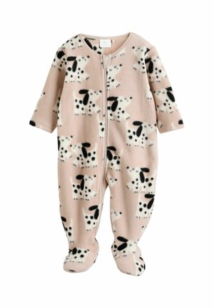 Mjuk rosa babyfleece-romper med svart och vit prickig hundtryck, långa ärmar, dragkedja fram och inbyggda fötter.