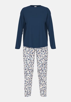 Haut bleu marine à manches longues avec un col rond, associé à un pantalon de pyjama à motifs fleuraux dans des nuances de bleu, beige et blanc.