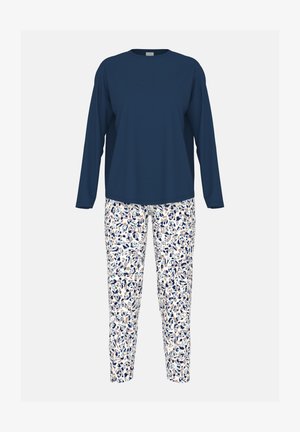 Haut bleu marine à manches longues avec un col rond, associé à un pantalon de pyjama à motifs fleuraux dans des nuances de bleu, beige et blanc.