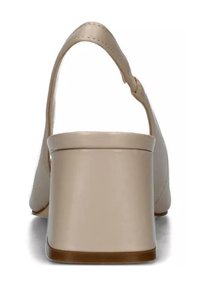 Sandalo con tacco beige, con tomaia in pelle liscia, punta rotonda e tacco a blocco spesso; presenta un cinturino slingback.