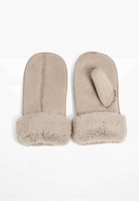 Beige mittens with a soft faux fur cuff. Made of smooth fabric with a separate thumb section. Textured surface and warm design.