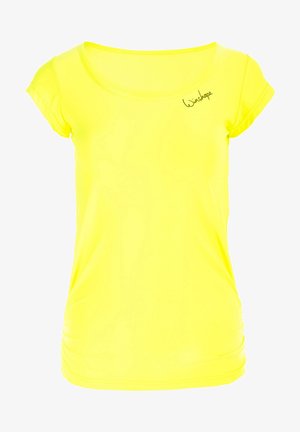 Lyhythihainen, kirkkaan keltainen urheilupaita, jossa on pyöreä pääntie ja hienovaraiset rypytykset sivuilla. Rintamuksessa on musta brändilogo.