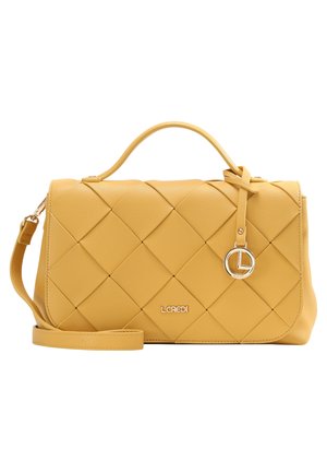 Yellow quilted leather handbag with top handle, detachable shoulder strap, and gold-tone circular logo charm.