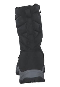 Schwarzer isolierter Stiefel mit gestepptem Schaft, seitlichem Reißverschluss und strukturiertem Gummisohle. Verfügt über ein robustes Design für kalte Wetterbedingungen.