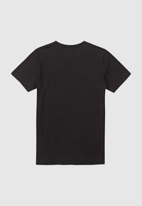 Schwarzes T-Shirt mit kurzen Ärmeln aus Baumwolle, mit Rundhalsausschnitt und einem schlichten Design mit glatter Textur. Rückansicht gezeigt.