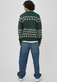 Pull en maille verte avec un motif géométrique blanc et bordeaux, porté sur une chemise blanche. Associé à un jean denim bleu ample et des baskets blanches.