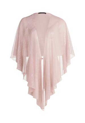 Durchscheinender, hellrosa Kimono mit fließendem Stoff, offener Vorderseite und geschichteten, gewellten Säumen. Glatte Textur mit zartem Glanz.