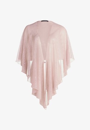 Durchscheinender, hellrosa Kimono mit fließendem Stoff, offener Vorderseite und geschichteten, gewellten Säumen. Glatte Textur mit zartem Glanz.