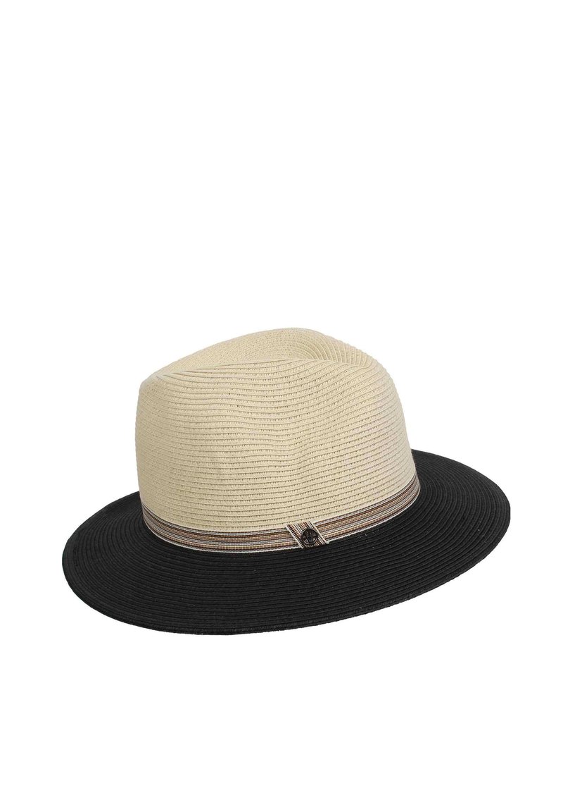 Bredbrättad hatt med en beige ovansida och svart undersida, försedd med en texturerad väv och ett randigt band med en dekorativ knappaccent.