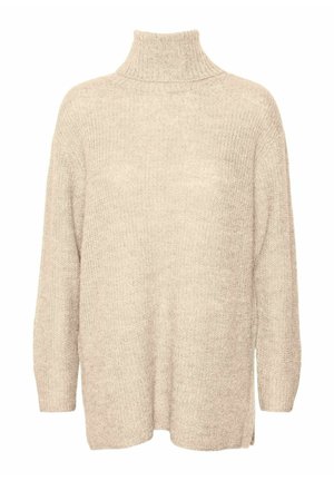 Beige stickad tröja med hög hals, långa ärmar och sidoflikar. Texturerad tyg med en avslappnad, oversize passform.