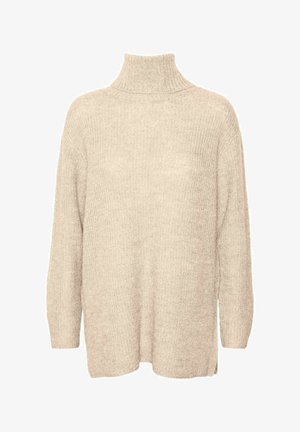Pull en tricot beige avec un col montant, des manches longues et des fentes sur les côtés. Tissu texturé avec une coupe ample et décontractée.