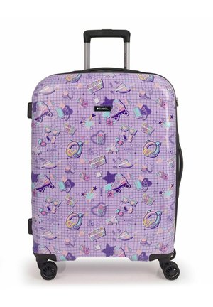 Hard-shell suitcase with a purple grid pattern, adorned with colorful graphics of roller skates, headphones, and stars. Features a retractable handle and four wheels.
