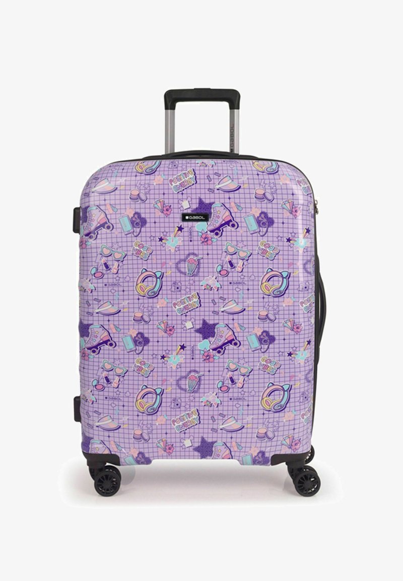Valigia rigida con un motivo a griglia viola, decorata con grafiche colorate di pattini a rotelle, cuffie e stelle. Presenta una maniglia retrattile e quattro ruote.