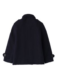 Cappotto di lana blu navy con colletto, due polsini con bottone e design dritto. Presenta dettagli di cucitura lungo la parte posteriore e i lati.