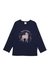 Langärmliges, marineblaues Shirt aus Baumwolle mit einem rosa Grafikdesign eines Pferdes, Kakteen und Bergen, darüber der Text "WILD SPIRIT".