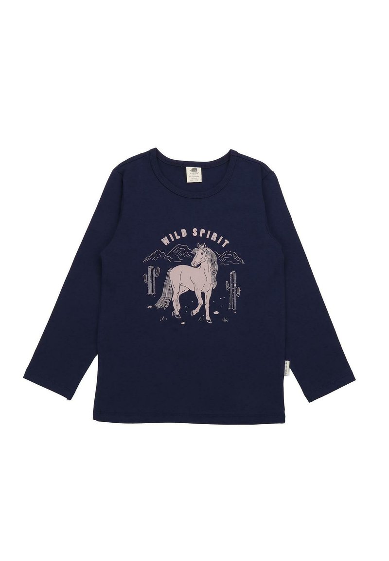 Long-sleeve navy shirt made of cotton featuring a pink graphic of a horse, cacti, and mountains with the text "WILD SPIRIT" above.