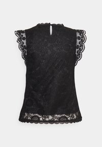Svart spets utan ärmar blus med blommönster, vågiga kanter och en liten knäppning med nyckelhål baktill.