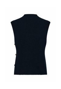 Gesticktes marineblaues ärmelloses Oberteil mit hohem Kragen, geripptem Muster und Knopfdetails entlang der Seitennaht, mit geradem Saum.