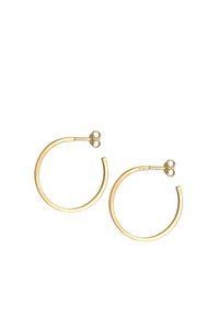 Orecchini a cerchio in oro con una superficie liscia e lucida e design circolare. Si chiudono con un perno e una chiusura a farfalla. Leggeri e minimalisti.