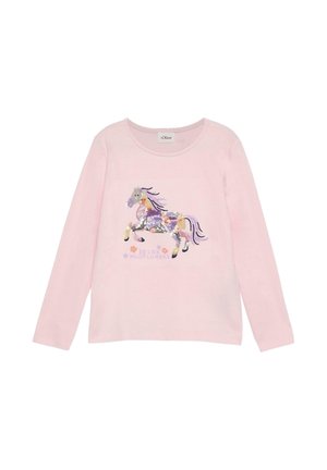 Hellrosa langärmeliges Shirt mit einem mehrfarbigen Paillettenpferd und dem Text "Sei wie Wildblumen" auf der Vorderseite.