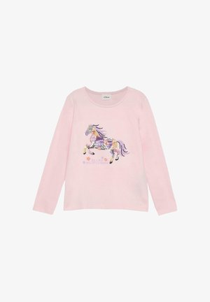 Lichtroze shirt met lange mouwen met een meerkleurig paard van pailletten en de tekst "Wees als wilde bloemen" op de voorkant.