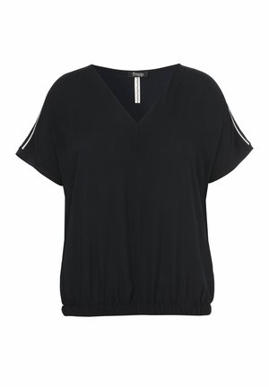 Schwarze Kurzarmbluse mit V-Ausschnitt, elastischem Saum und weißen Streifen an den Ärmeln, mit „frapp“-Markenetikett im Kragen.