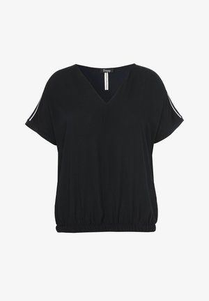 Black short-sleeve blouse with V-neck, elastic hem, and white stripes on sleeves, labeled with "frapp" brand tag inside collar.