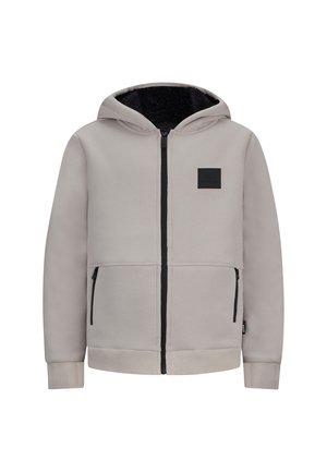 Haut à capuche zippé gris avec un patch logo noir. Dispose d'une capuche, d'un intérieur doux et de deux poches zippées à l'avant. Poignets et ourlet côtelés.