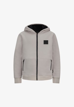 Grauer Reißverschluss-Hoodie mit schwarzem Logo-Patch. Verfügt über eine Kapuze, ein weiches Innenfutter und zwei vordere Reißverschlusstaschen. Gerippte Bündchen und Saum.