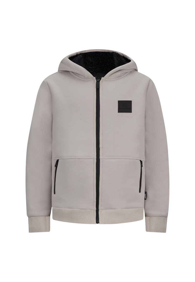 Felpa grigia con zip e patch logo nero. Presenta un cappuccio, un interno morbido e due tasche frontali con zip. Polsini e orlo a costine.