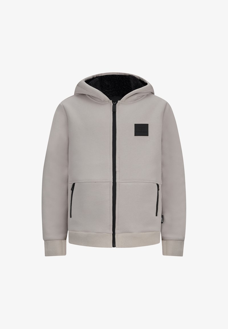 Felpa grigia con zip e patch logo nero. Presenta un cappuccio, un interno morbido e due tasche frontali con zip. Polsini e orlo a costine.