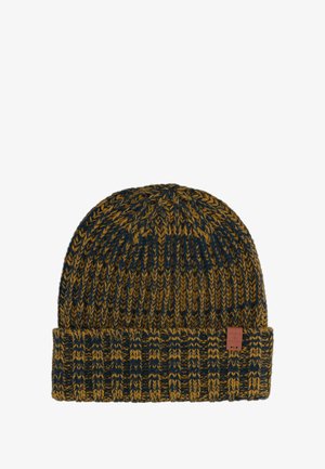 Gebreide muts in donkerblauw en mosterdgeel. Heeft een gestructureerd patroon met een omgeslagen boord en een klein leren logo patch.