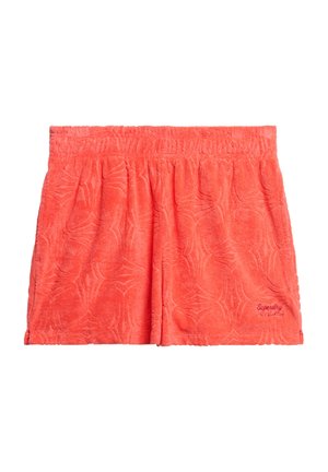 Korallenfarbene Handtuchshorts mit strukturiertem Muster, elastischem Bund und gesticktem "Superdry"-Logo unten rechts.