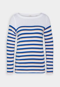 Długi rękaw, w paski bluzka z poziomymi niebieskimi, pomarańczowymi i białymi pasami. Miękka tkanina, szeroki dekolt w kształcie łódki i dopasowany krój.