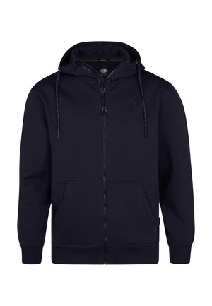 Marineblå lynlåshoodie lavet af glat stof, med snøre i hætten, forlommer og et lille logo på brystet.