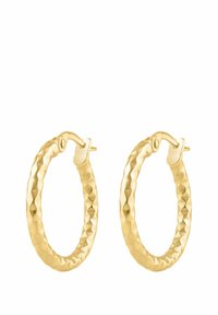 Náušnice kruhového tvaru s textúrovaným zlatým povrchom a kladivkovým vzorom so zabezpečovacím zapínaním. Okrúhly tvar, stredná veľkosť, lesklý povrch.