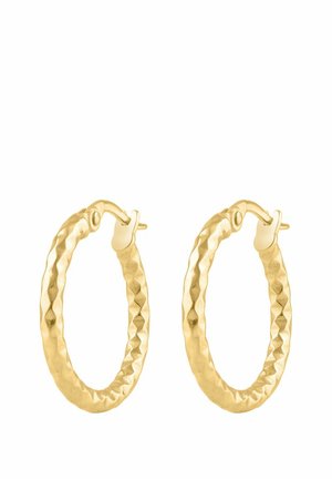 Náušnice kruhového tvaru s textúrovaným zlatým povrchom a kladivkovým vzorom so zabezpečovacím zapínaním. Okrúhly tvar, stredná veľkosť, lesklý povrch.